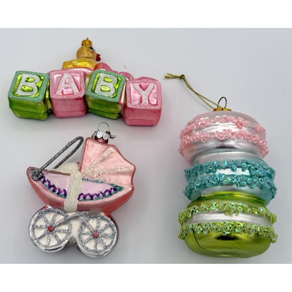 Midwest CBK Baby Girl Pink Ornament Lot BABY, Stroller Carriage, Macaroons EUC